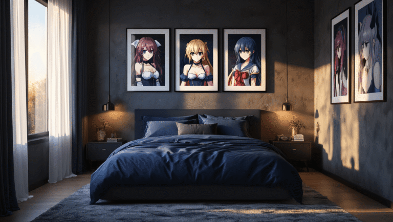 A modern bedroom with a sophisticated gallery wall of anime cosplay prints in black frames, featuring a platform bed with deep navy bedding, warm natural light filtering through sheer curtains, creating dramatic shadows and a cozy atmosphere.