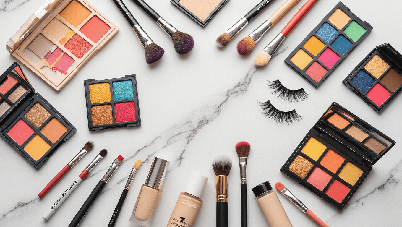 Flat lay of anime cosplay makeup essentials including colorful eyeshadow palettes, false lashes, liquid eyeliners, foundation, colored contact lenses, and brushes on a clean marble surface, featuring warm lighting.