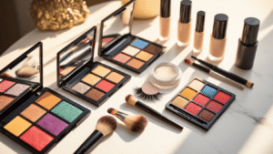 A warm flat lay of anime cosplay makeup essentials, featuring colorful eyeshadow palettes, precision brushes, false eyelashes, eyeliner pens, and foundation bottles arranged on a clean white marble surface, illuminated by soft golden hour lighting.