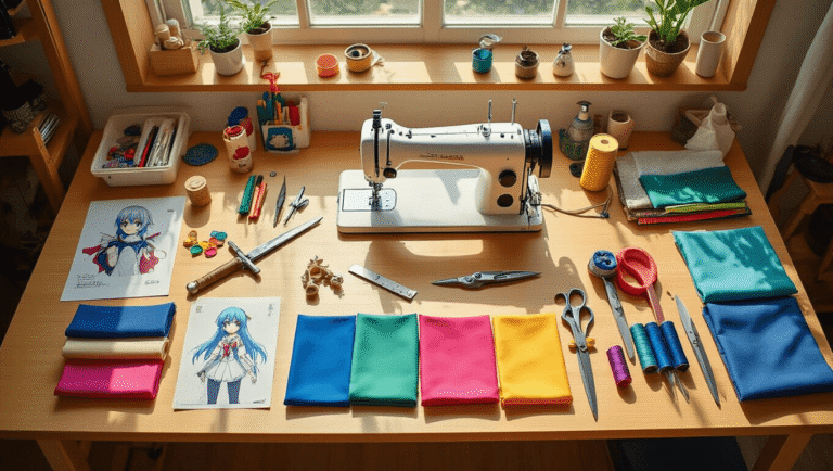 Overhead view of a bright, organized cosplay workshop featuring a professional sewing machine, colorful fabric swatches, foam sword materials, and craft tools on a clean wood table, with anime reference materials scattered around.