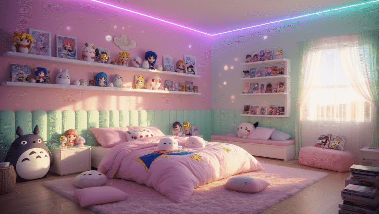 A dreamy kawaii anime bedroom featuring pastel pink and mint green walls, a plush queen bed with a Sailor Moon duvet, Totoro cushions, vibrant LED lighting, and colorful figurines on floating shelves, all bathed in warm golden hour sunlight.