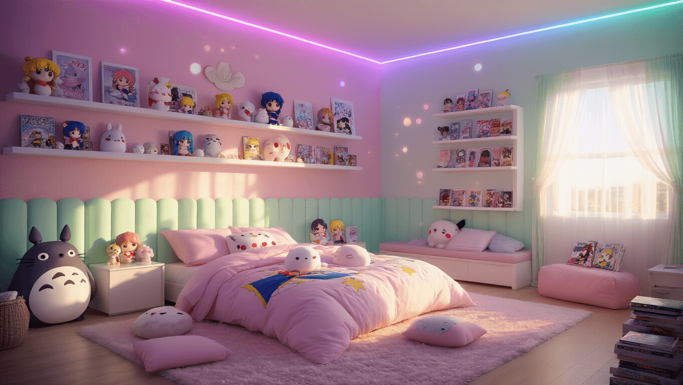 A dreamy kawaii anime bedroom featuring pastel pink and mint green walls, a plush queen bed with a Sailor Moon duvet, Totoro cushions, vibrant LED lighting, and colorful figurines on floating shelves, all bathed in warm golden hour sunlight.