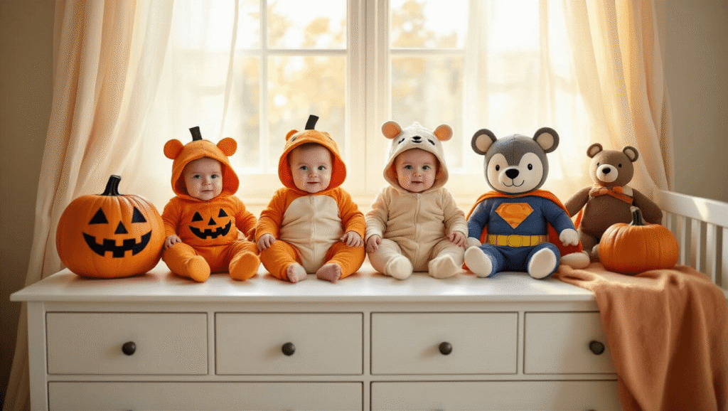 Adorable Baby Halloween Costumes: The Ultimate A cozy nursery with adorable baby Halloween costumes including pumpkin onesies, animal outfits, and superhero costumes displayed on a clean dresser, illuminated by warm golden hour light and featuring a pastel color palette.