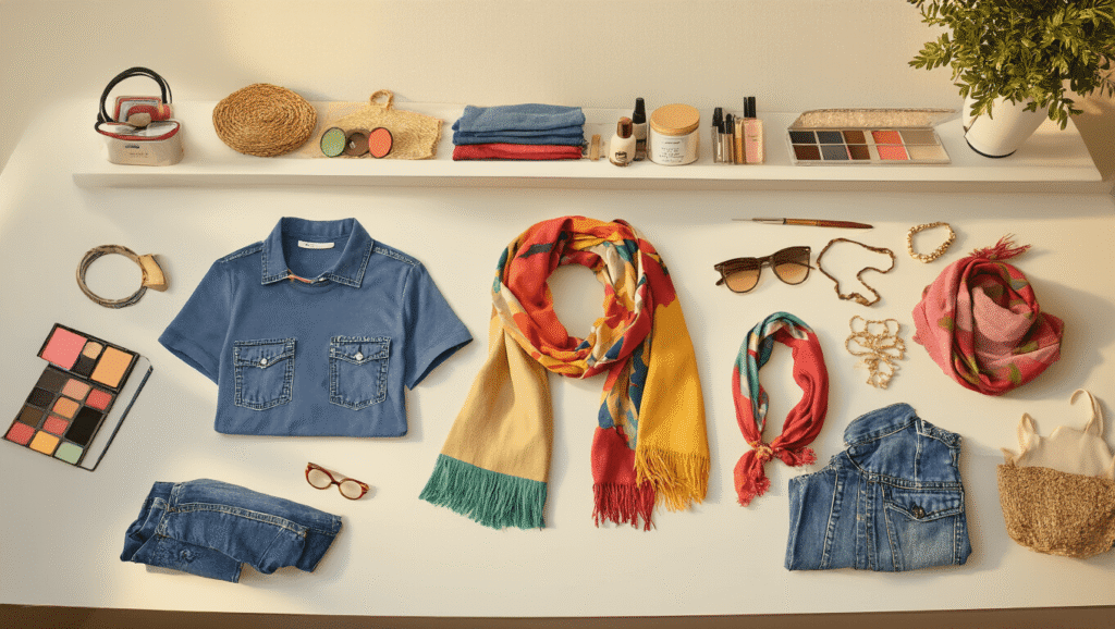 A cozy craft room scene with soft golden hour lighting, showcasing organized cosplay materials like t-shirts, denim pieces, colorful scarves, vintage accessories, and simple makeup products on a clean white desk, evoking creativity and warmth for beginner cosplayers.