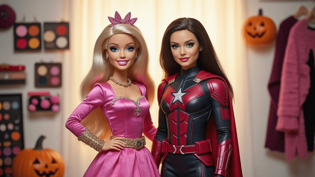 Two best friends in themed Halloween costumes: one in a pink Barbie outfit with a blonde wig and sparkly accessories, and the other in a burgundy and black Marvel superhero costume, surrounded by various costume accessories on a clean white background.