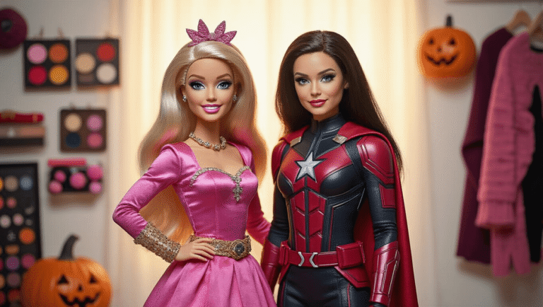 Two best friends in themed Halloween costumes: one in a pink Barbie outfit with a blonde wig and sparkly accessories, and the other in a burgundy and black Marvel superhero costume, surrounded by various costume accessories on a clean white background.