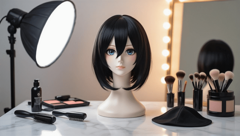 A sleek black anime wig displayed on a mannequin head, surrounded by high-end styling tools and makeup brushes on a white marble vanity, with soft studio lighting and a full-length mirror in the background.