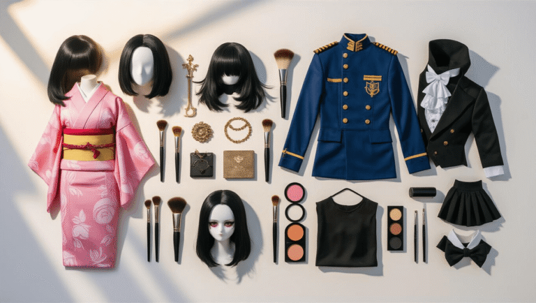 A flat lay arrangement of black-haired cosplay costumes including Nezuko's pink kimono, Roy Mustang's blue military uniform, Sebastian's black tailcoat, and Wednesday Addams' dress, accompanied by black wigs, costume jewelry, prop accessories, makeup brushes, and styling tools on a clean white background with soft golden lighting.