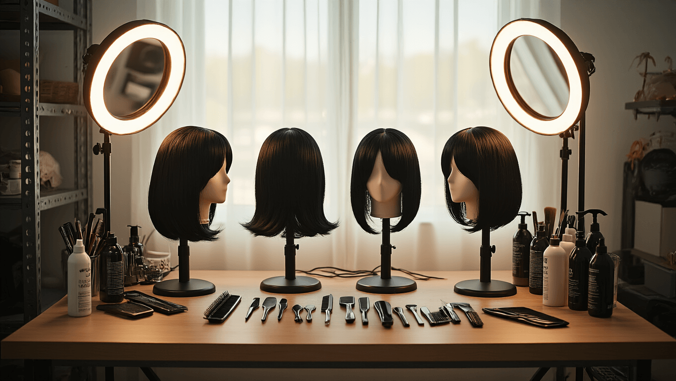 A professional cosplay workspace featuring multiple black wigs on mannequin heads, organized styling tools, LED ring lights emitting a warm glow, industrial metal shelving, vintage mirrors, neatly arranged hairspray bottles and combs, soft afternoon light through sheer curtains, and a clean modern aesthetic.