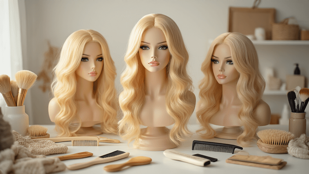 A cozy craft room with blonde wigs styled using professional tools like combs and flat irons, illuminated by soft natural light, featuring organized beauty supplies and a clean white backdrop.