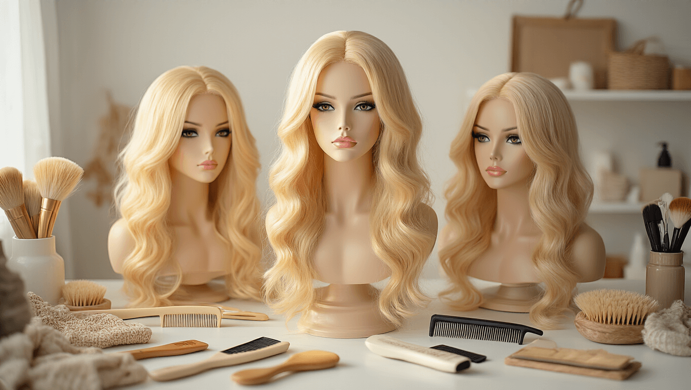 A cozy craft room with blonde wigs styled using professional tools like combs and flat irons, illuminated by soft natural light, featuring organized beauty supplies and a clean white backdrop.