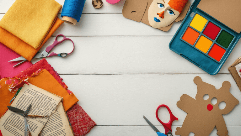 A flat lay of colorful costume crafting supplies for book characters, featuring fabric swatches, scissors, face paint, vintage books, sewing accessories, cardboard cutouts, fabric glue, and character props on a white wooden surface, illuminated by soft golden hour lighting.