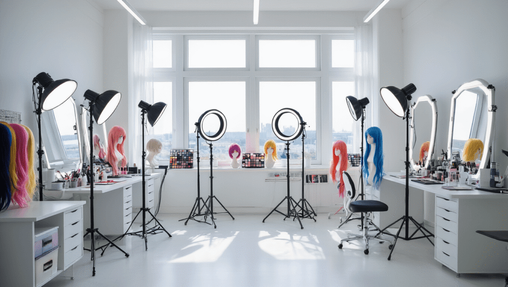 Level Up Your Cosplay Game: A Complete Guide to Dressing to Impress A bright and spacious cosplay studio with natural light, featuring ring lights, an organized makeup station, colorful wigs on stands, and floor-to-ceiling mirrors, all set against clean white walls.