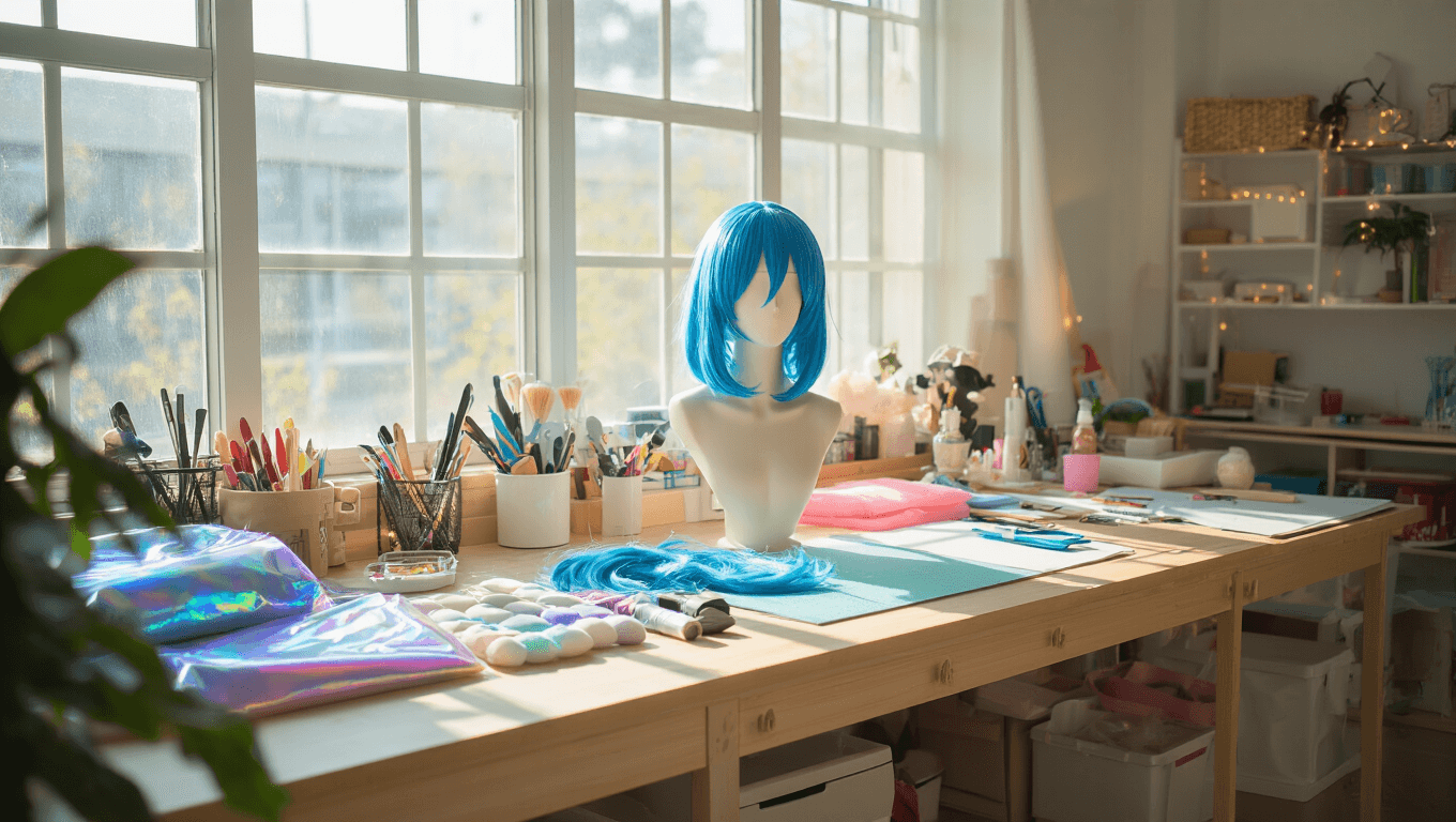 Bright cosplay workshop with natural light, featuring organized craft materials, a blue anime wig on a mannequin, and crafting tools on a wooden workbench.