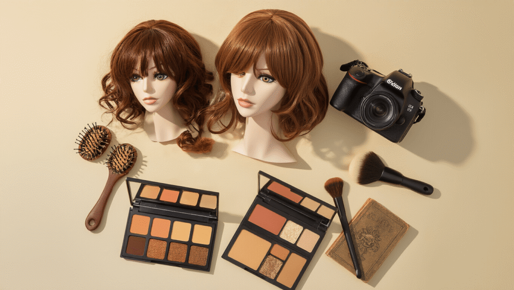 Flat lay of brown cosplay wigs in different styles, makeup palettes with earth tones, a DSLR camera, styling brushes, character accessories, and vintage books, all arranged on a cream background with soft golden hour lighting.