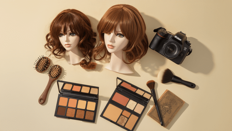 Flat lay of brown cosplay wigs in different styles, makeup palettes with earth tones, a DSLR camera, styling brushes, character accessories, and vintage books, all arranged on a cream background with soft golden hour lighting.