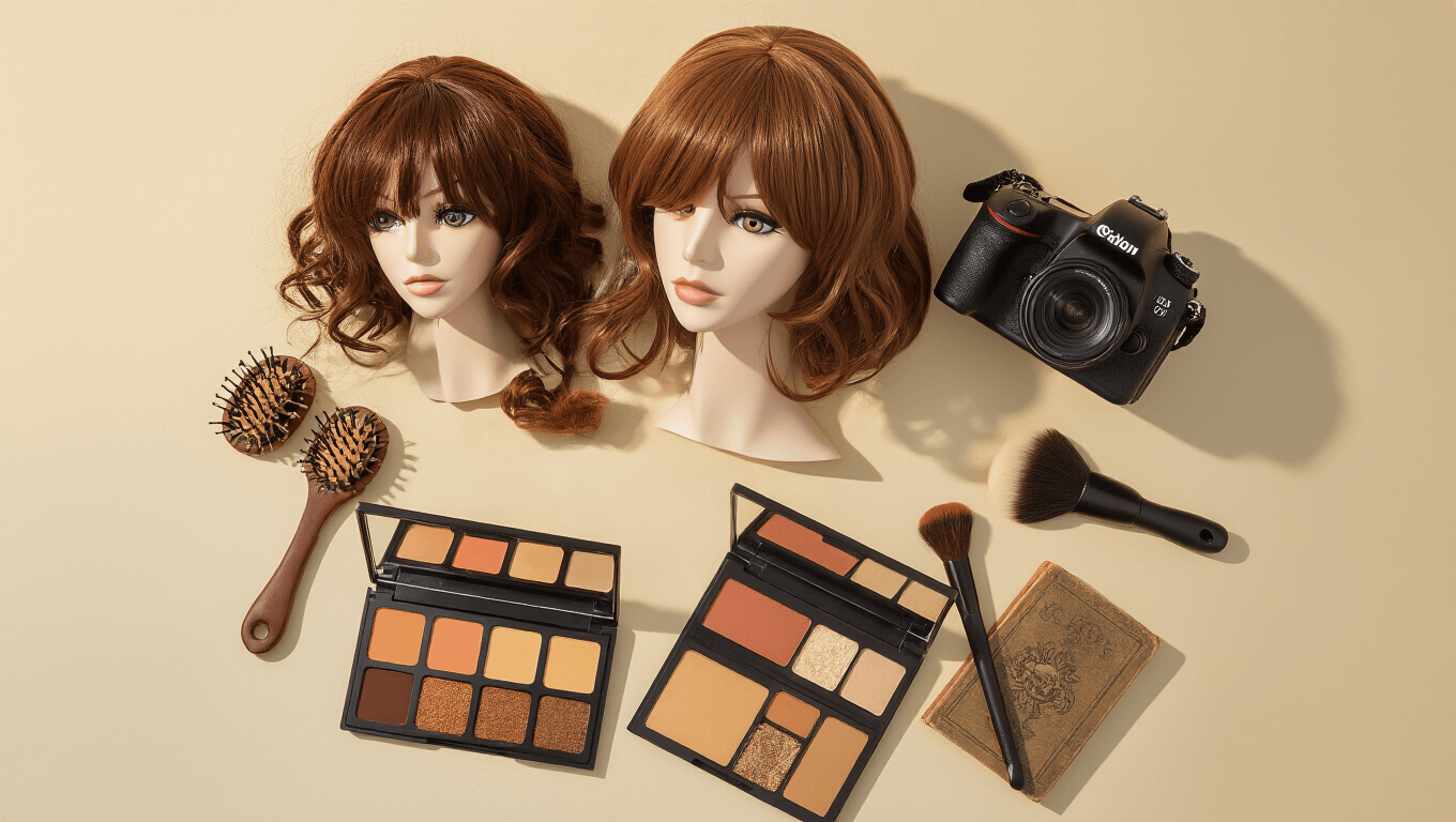 Flat lay of brown cosplay wigs in different styles, makeup palettes with earth tones, a DSLR camera, styling brushes, character accessories, and vintage books, all arranged on a cream background with soft golden hour lighting.