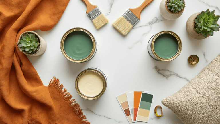 Cinematic overhead shot of budget room makeover essentials on a white marble surface, featuring paint cans, brushes, fabric swatches, vintage hardware, succulents, measuring tape, color palette cards, thrifted vases, and textured pillows, with warm lighting and soft shadows.
