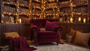 A cozy reading nook featuring a plush burgundy velvet armchair with brass nail-head trim, draped in Gryffindor-colored blankets and surrounded by warm fairy lights, leather-bound fantasy novels, and decorative collectibles, illuminated by floating candle-style lamps, all set against an exposed brick wall with aged maps and a rich Persian rug.