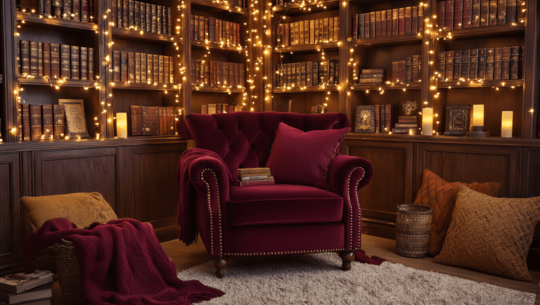 A cozy reading nook featuring a plush burgundy velvet armchair with brass nail-head trim, draped in Gryffindor-colored blankets and surrounded by warm fairy lights, leather-bound fantasy novels, and decorative collectibles, illuminated by floating candle-style lamps, all set against an exposed brick wall with aged maps and a rich Persian rug.