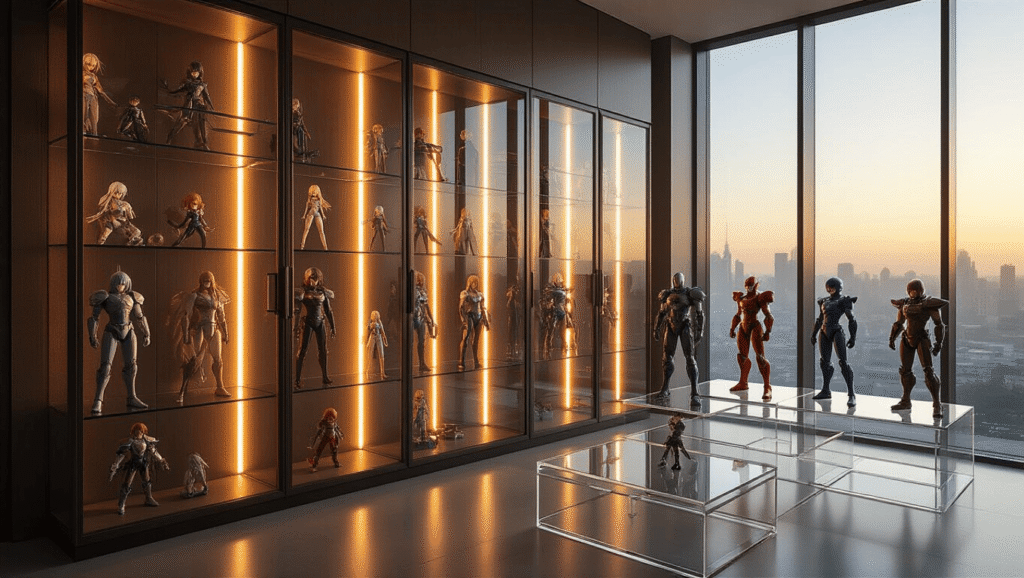 Mastering the Art of Figure and Prop Displays: A Comprehensive Guide A cinematic display room showcasing anime figures in glass cabinets with LED lighting, featuring acrylic risers and wall shelves, highlighting premium collectibles in a warm, inviting atmosphere.