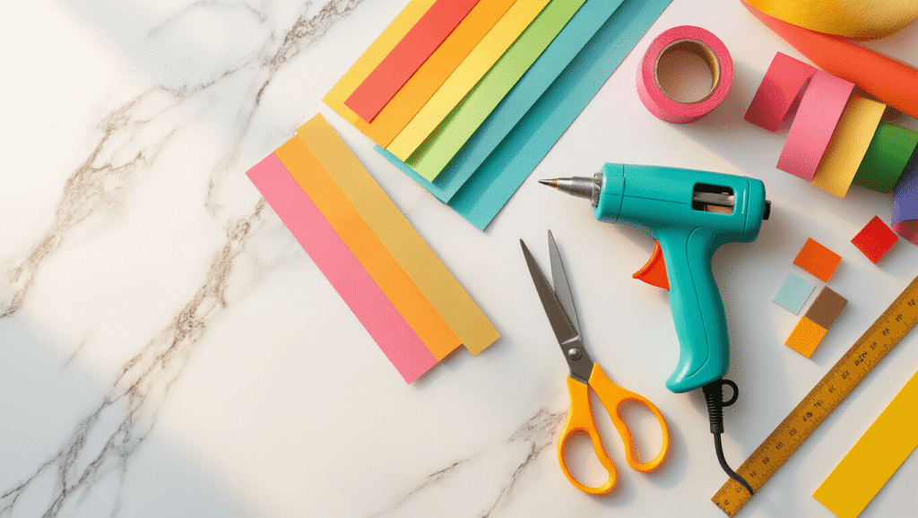 Flat lay of colorful construction paper strips, a hot glue gun, sharp scissors, and a ruler arranged on a white marble surface, illuminated by warm golden hour lighting, evoking a cozy crafting atmosphere.