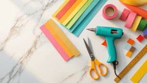 Flat lay of colorful construction paper strips, a hot glue gun, sharp scissors, and a ruler arranged on a white marble surface, illuminated by warm golden hour lighting, evoking a cozy crafting atmosphere.