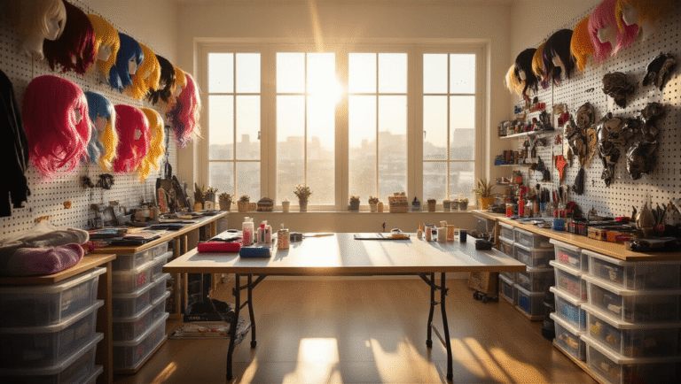 A sunlit cosplay workshop featuring organized white pegboard walls with colorful wigs, an L-shaped cutting table with craft materials, clear storage bins with LED lighting, and detailed armor pieces on hooks, all captured in a cinematic wide-angle shot that emphasizes vertical storage and warm highlights.