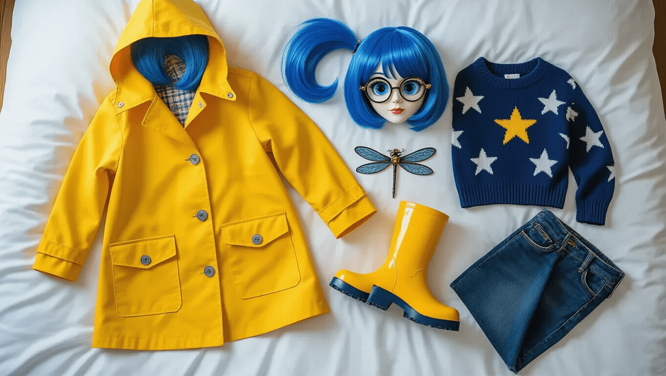 Flat lay of Coraline cosplay items on white bedding, including a yellow raincoat, blue bob wig, navy star-patterned sweater, dark denim jeans, yellow rain boots, dragonfly hair clip, and button eye prop glasses, all highlighted by soft natural lighting.