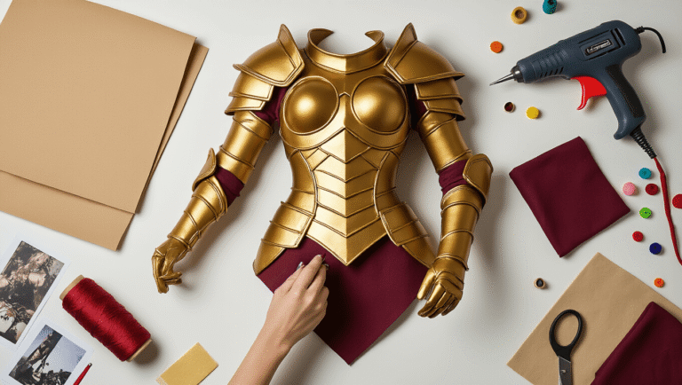 A cosplayer's hands expertly crafting armor with golden Worbla thermoplastic and burgundy fabric, surrounded by craft foam, a hot glue gun, fabric scissors, colorful thread spools, and scattered reference images on a clean white background.