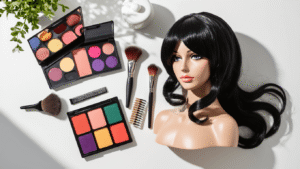 Flat lay showcasing a silky black cosplay wig, vibrant makeup palettes, character accessories, and styling tools elegantly arranged on a clean white background, illuminated by soft natural light.