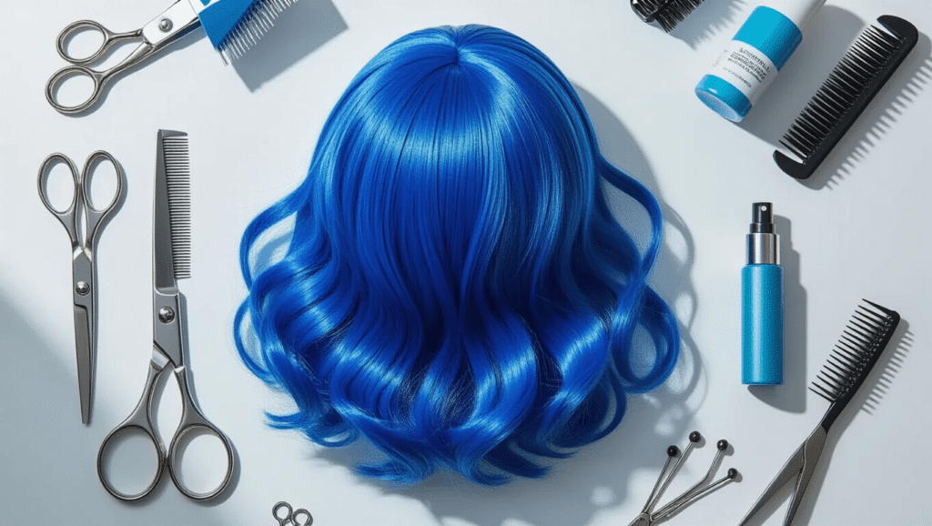 A flatlay photo of a vibrant azure blue synthetic wig on a clean white surface, surrounded by neatly arranged styling tools like metallic scissors, fine-toothed combs, and bobby pins, illuminated by soft natural lighting.