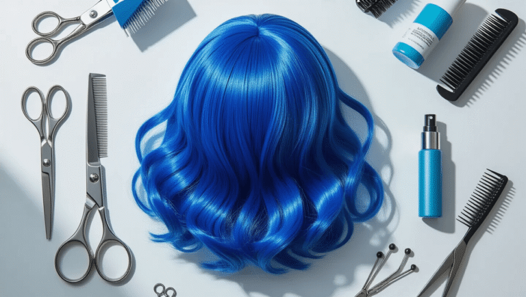A flatlay photo of a vibrant azure blue synthetic wig on a clean white surface, surrounded by neatly arranged styling tools like metallic scissors, fine-toothed combs, and bobby pins, illuminated by soft natural lighting.