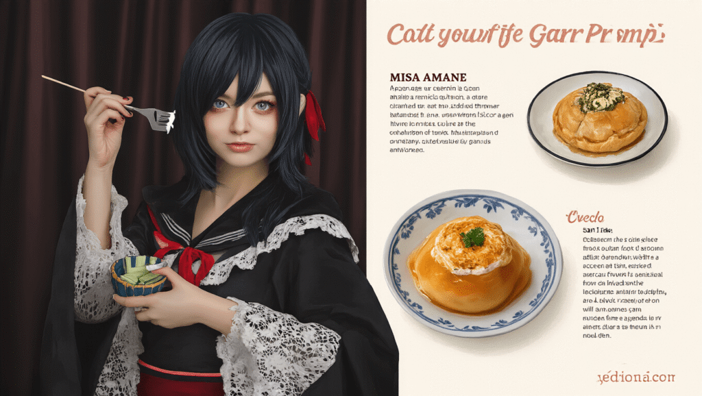 Alt text: "Misa Amane cosplay featuring intricate outfit details and vibrant accessories, showcasing the character's signature style."