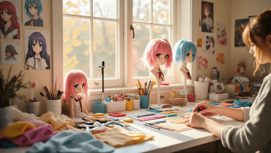 The Ultimate Beginner's Guide to Cosplay: From Closet to Convention Bright and organized craft room filled with colorful supplies for cosplay, featuring natural sunlight, character reference photos on pastel walls, and a workspace with tools and fabric swatches.