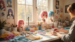 Bright and organized craft room filled with colorful supplies for cosplay, featuring natural sunlight, character reference photos on pastel walls, and a workspace with tools and fabric swatches.