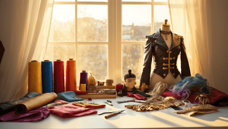 A cozy crafting scene with colorful fabric bolts, sewing tools, wig styling accessories, and costume pieces arranged on a clean white surface, illuminated by warm golden light.