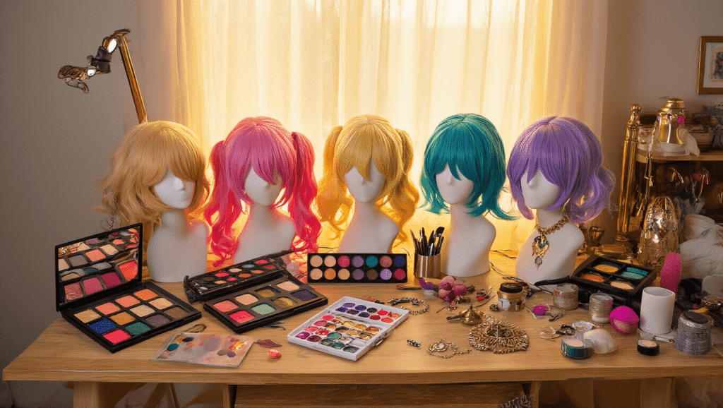 A vibrant crafting workspace featuring colorful wigs on marble heads, jewel-toned makeup palettes, DIY costume accessories, foam props, metallic paints, and jewelry-making tools scattered on a wooden desk, illuminated by warm golden hour light through sheer curtains.