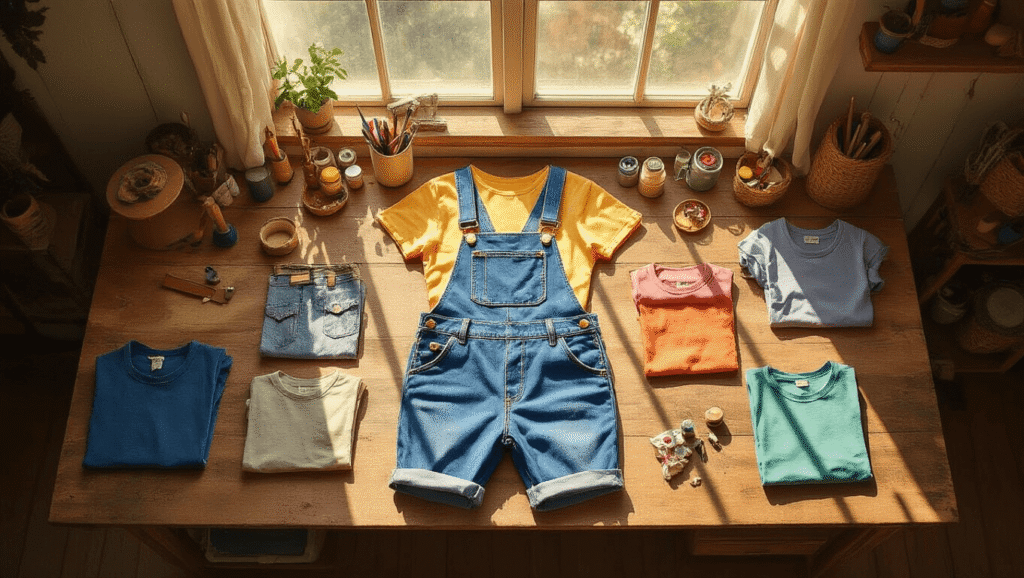 Bird's-eye view of a DIY cosplay workspace with denim overalls, colored t-shirts, and craft supplies arranged on a rustic wooden table, illuminated by warm afternoon sunlight.