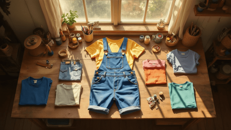 Bird's-eye view of a DIY cosplay workspace with denim overalls, colored t-shirts, and craft supplies arranged on a rustic wooden table, illuminated by warm afternoon sunlight.