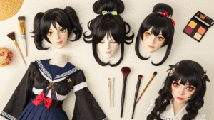 A flat lay of cosplay essentials showcasing black wigs of various textures, character costumes, colorful accessories, and makeup brushes, all arranged on a clean white background with warm golden lighting.