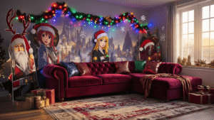 Cinematic wide-angle shot of a colorful cosplay holiday living room featuring a burgundy sectional sofa, LED lights, character cutouts, and festive decorations, with warm sunlight and cozy textures.