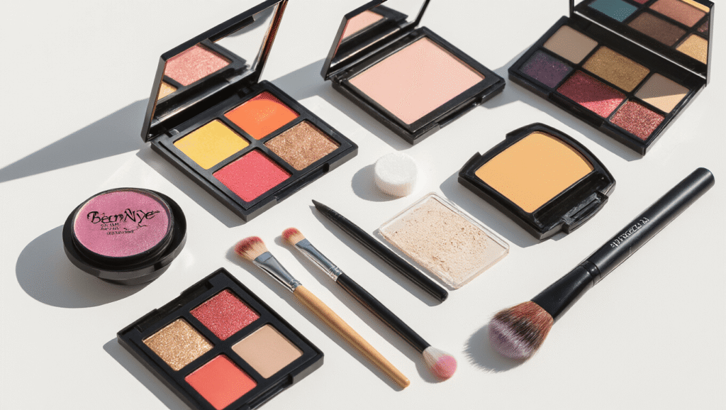 The Ultimate Guide to Cosplay Makeup: From Basics to Pro Techniques Flat-lay of cosplay makeup essentials including Mehron Paradise Face Paint Palette, Ben Nye setting powder, makeup brushes, waterproof eyeliner, and NYX eyeshadow palettes arranged on a white surface in soft natural light.