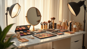 A beautifully organized cosplay makeup studio corner with professional lighting, large vanity mirror, white marble counter displaying vibrant eyeshadow palettes, SFX supplies, and brushes, illuminated by warm golden hour sunlight streaming through sheer curtains.