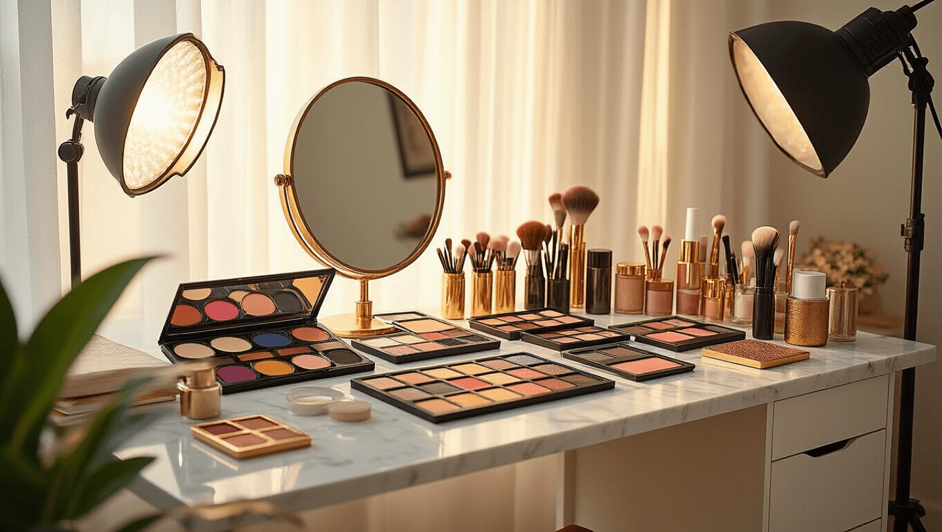 A beautifully organized cosplay makeup studio corner with professional lighting, large vanity mirror, white marble counter displaying vibrant eyeshadow palettes, SFX supplies, and brushes, illuminated by warm golden hour sunlight streaming through sheer curtains.