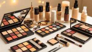 A cozy makeup studio setup showcasing theatrical makeup palettes, brushes, foundation, concealer, and colorful eyeshadow on a clean white surface, illuminated by soft golden lighting, with glue sticks, setting sprays, and false eyelashes creatively arranged.