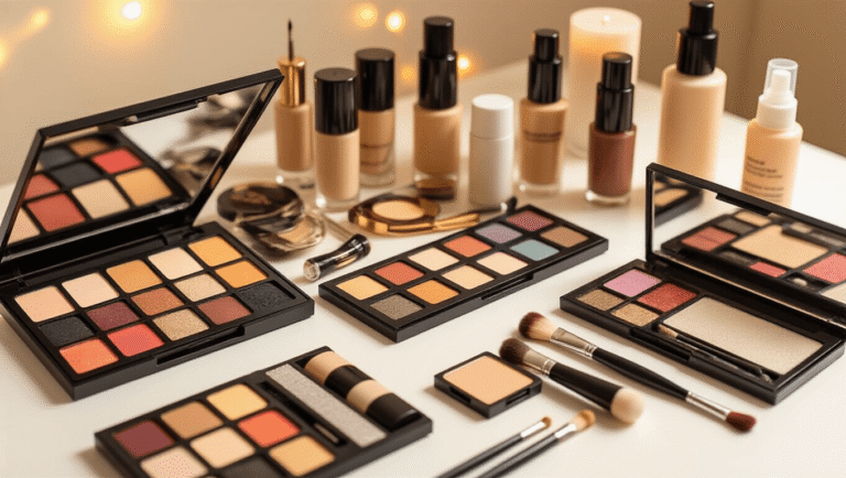 A cozy makeup studio setup showcasing theatrical makeup palettes, brushes, foundation, concealer, and colorful eyeshadow on a clean white surface, illuminated by soft golden lighting, with glue sticks, setting sprays, and false eyelashes creatively arranged.