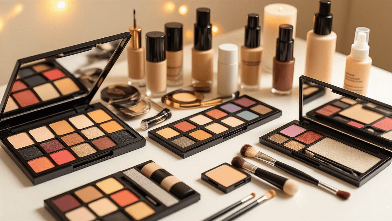 A cozy makeup studio setup showcasing theatrical makeup palettes, brushes, foundation, concealer, and colorful eyeshadow on a clean white surface, illuminated by soft golden lighting, with glue sticks, setting sprays, and false eyelashes creatively arranged.