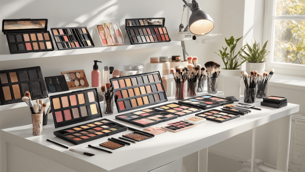 The Ultimate Cosplay Makeup Guide: Transform Into Your Favorite Character A bright and organized makeup studio with a pristine white station, featuring NYX palettes, Mehron paints, and neatly arranged brushes, all illuminated by natural light.