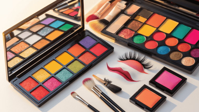 Vibrant array of cosplay makeup supplies, including eyeshadow palettes, contour kits, face paints, brushes, and false lashes, illuminated by warm golden hour lighting on a clean white surface, showcasing creativity and transformation.